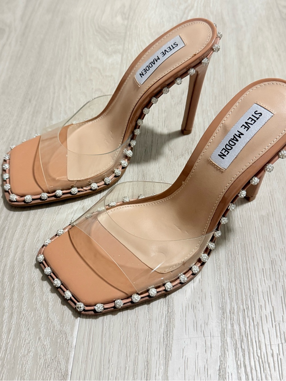 Steve Madden Nude Clear Rhinestone-Trim Slide Heels - Picture 2 of 5